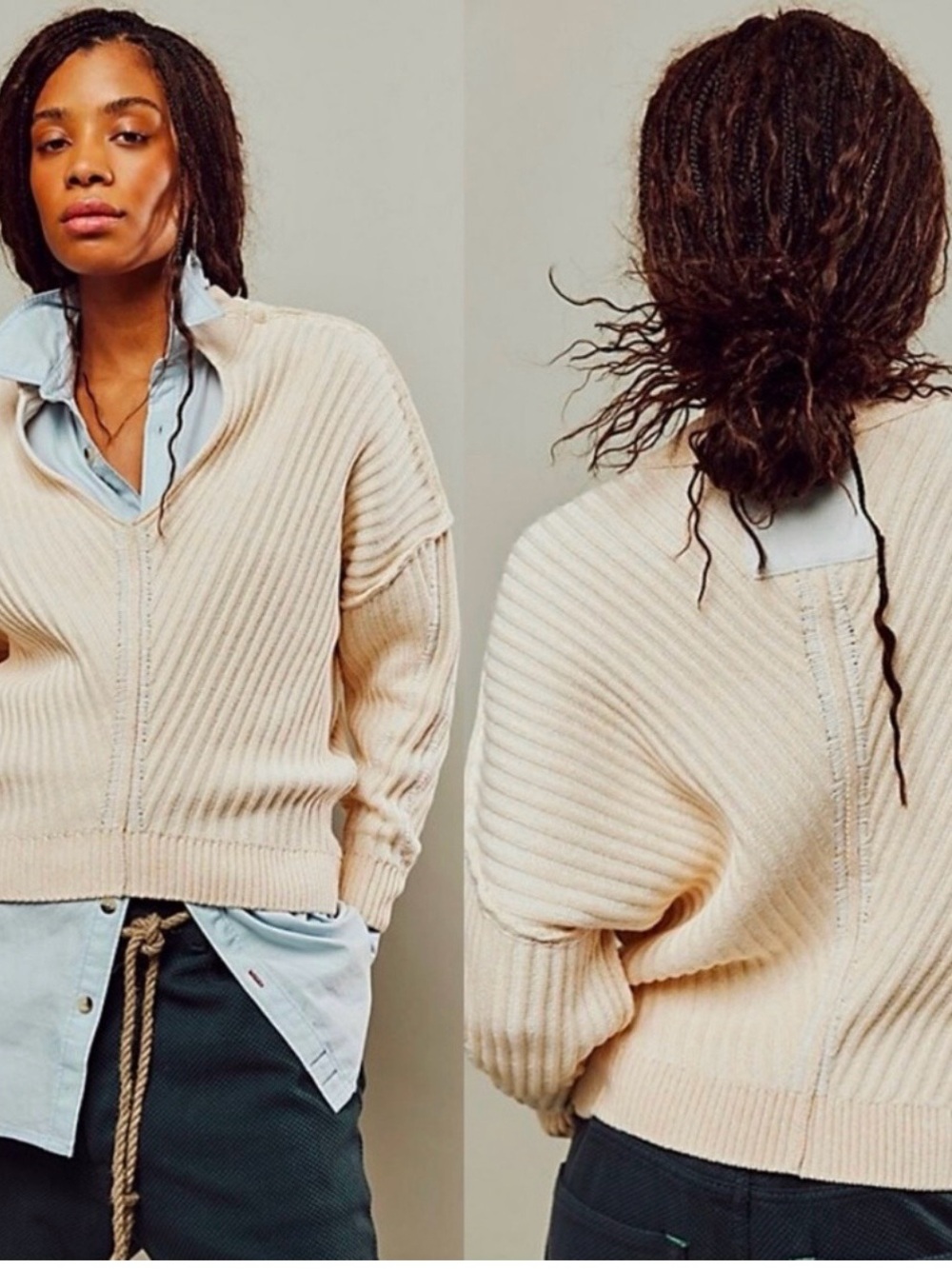 Free People Freeway Ribbed V-Neck Sweater Neutral